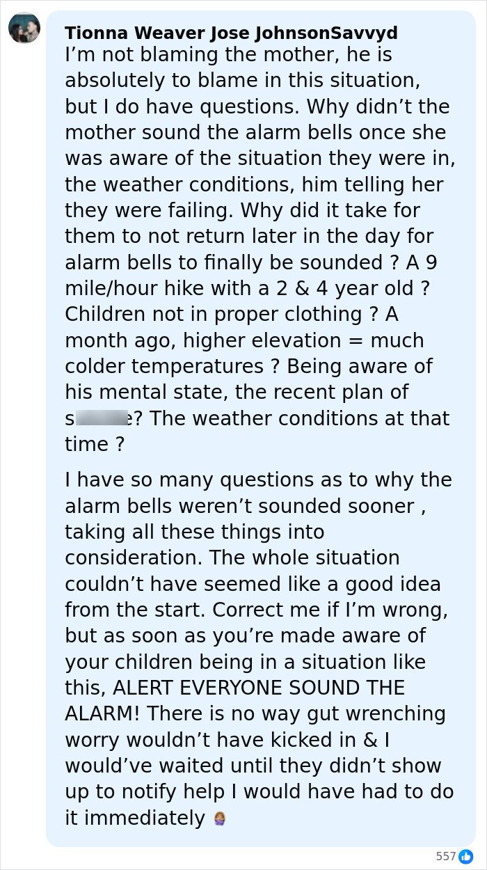 Comment expressing concern about children's safety and alarm delays after dad's disturbing behavior on mountain hike.
