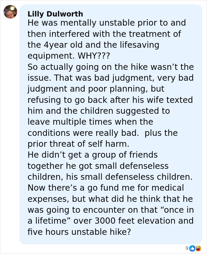 Comment discussing dad’s disturbing behavior on mountain hike and children’s heartbreaking words about safety and judgment.