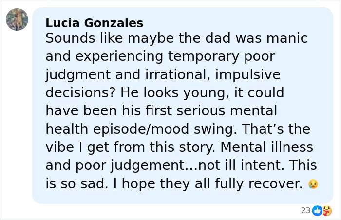 Comment discussing children's heartbreaking words after dad's disturbing behavior on mountain, highlighting mental health concerns.