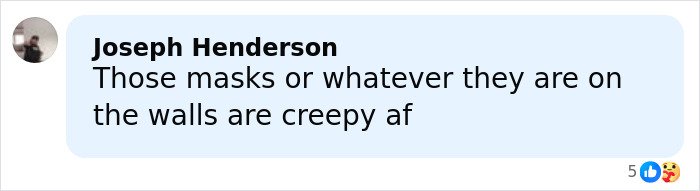 Comment mentioning masks on walls as creepy, referencing eerie new images from Epstein’s private island home.