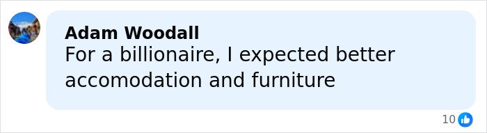 Comment by Adam Woodall on social media criticizing accommodation and furniture on Epstein’s private island home.