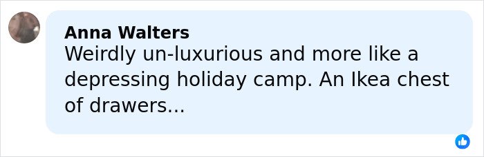 Comment from Anna Walters describing Epstein’s private island home interior as un-luxurious and depressing.