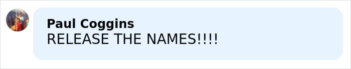 Comment saying RELEASE THE NAMES in bold font with blurred background, related to Epstein’s private island home topic.