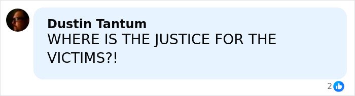 Comment by Dustin Tantum in all caps, questioning where justice is for the victims in the context of Epstein’s private island.