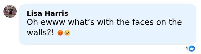 Comment from Lisa Harris expressing disgust about faces on walls in eerie new images from Epstein’s private island home.