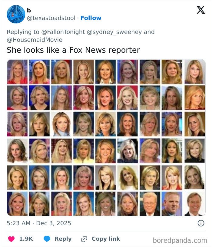 Collage of various Fox News reporters highlighting Sydney Sweeney’s MAGA makeover sparking online showdown.