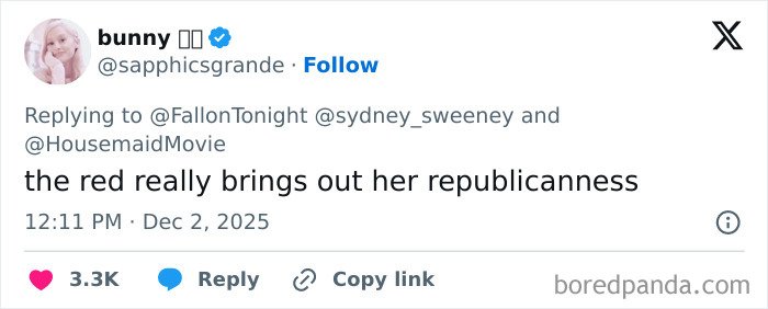 Tweet from user commenting on Sydney Sweeney’s MAGA makeover, sparking online political and stylistic debate.
