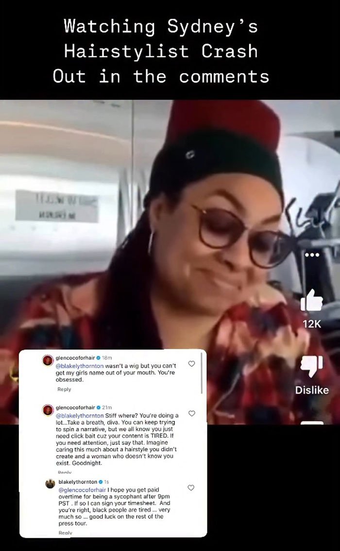 Woman reacting with a smirk during Sydney Sweeney MAGA makeover viral online stylist showdown comments discussion.