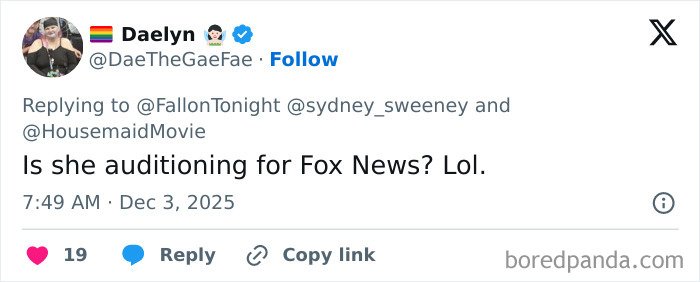 Screenshot of a tweet reacting to Sydney Sweeney’s MAGA makeover, sparking an online showdown with stylist replies.