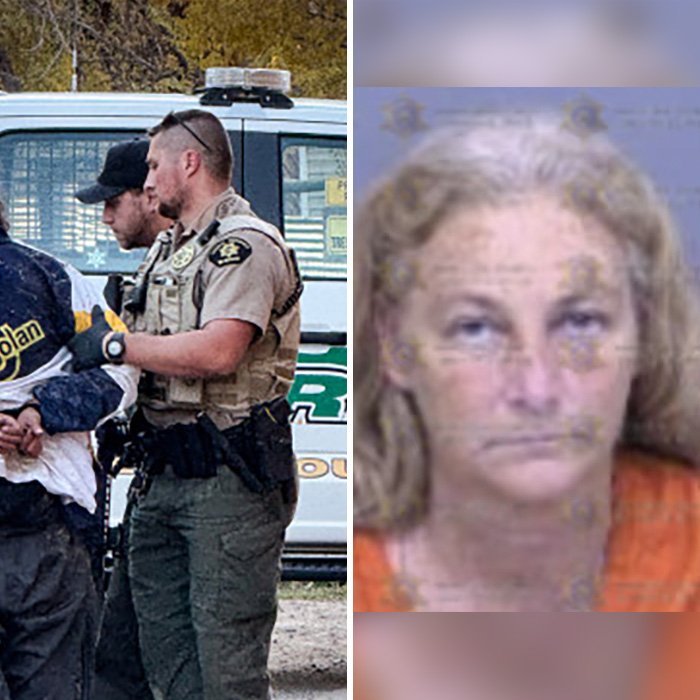 Police detaining a man while a mugshot shows a woman linked to a chilling 911 call after attacking her sleeping boyfriend.