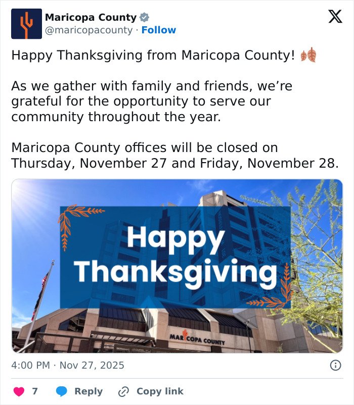 Maricopa County building with clear sky and Thanksgiving message, unrelated to woman's chilling 911 call keywords.