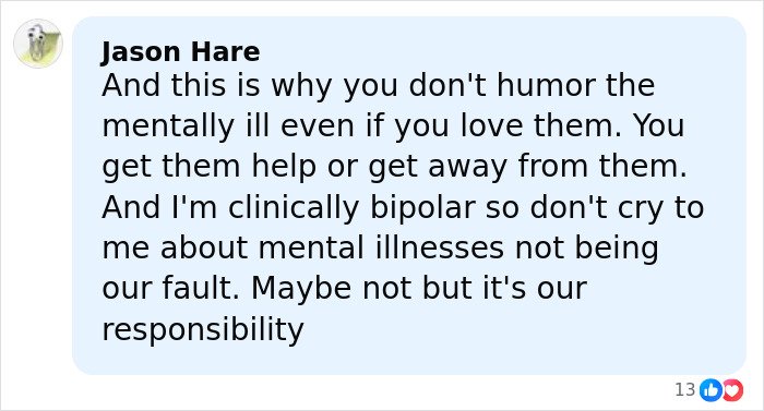 Facebook comment from Jason Hare discussing the need for help with mental illness and responsibility with bipolar disorder.