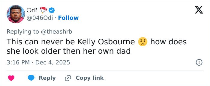 Tweet expressing surprise about Kelly Osbourne's transformation while mentioning dad Ozzy on his 77th birthday.
