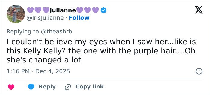 Tweet from user Julianne reacting to Kelly Osbourne's transformation with purple hair, expressing surprise at her changed appearance.