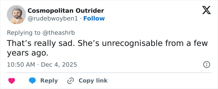 User comment on social media expressing sadness over Kelly Osbourne’s transformation discussed on Ozzy’s 77th birthday.