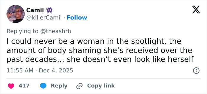 Tweet screenshot discussing fans' reaction to Kelly Osbourne's transformation and body shaming in the public spotlight.