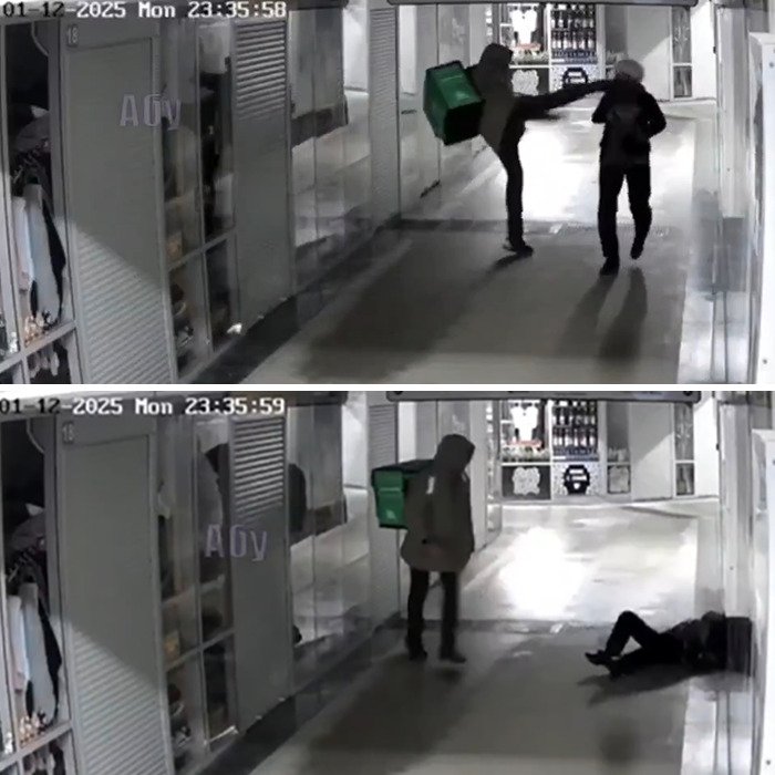 Delivery man caught on CCTV randomly kicking woman in the head in a violent and shocking attack.