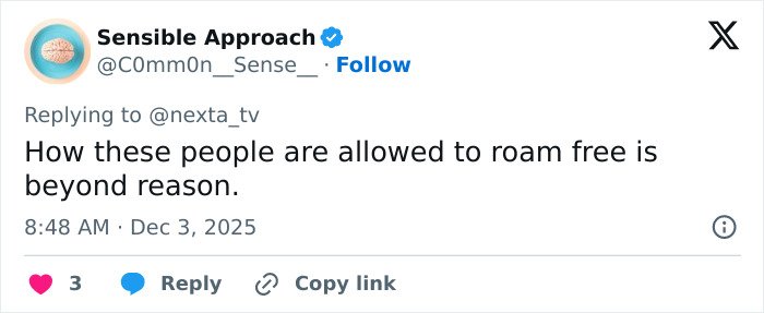 Tweet from Sensible Approach expressing shock about people being allowed to roam free after CCTV footage catches delivery man kicking woman.