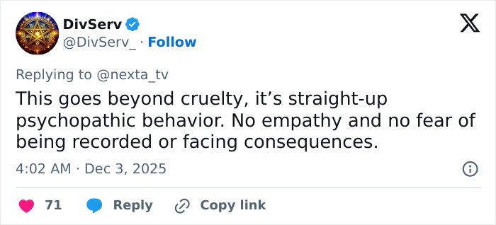 Tweet discussing a delivery man's psychopathic behavior caught on CCTV showing no empathy or fear of consequences.