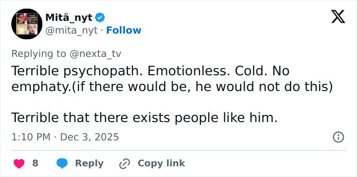 Tweet describing a terrible psychopath showing no empathy, reacting to CCTV footage of a delivery man kicking a woman’s head.