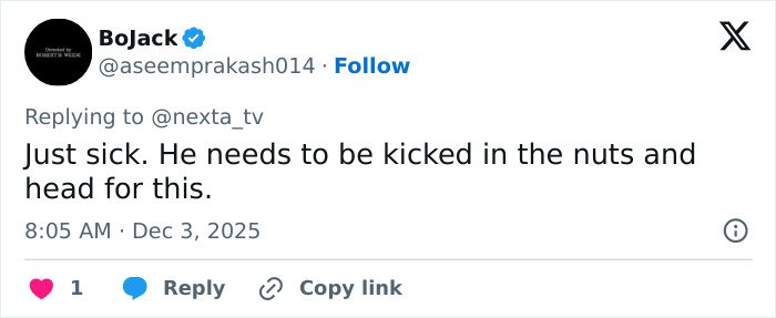 Tweet showing a user condemning a delivery man for randomly kicking a woman in the head caught on CCTV footage.