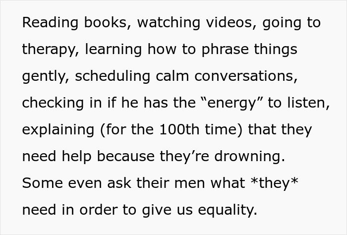 Text about single woman tired of patterns men in relationships follow, highlighting emotional exhaustion and inequality efforts.