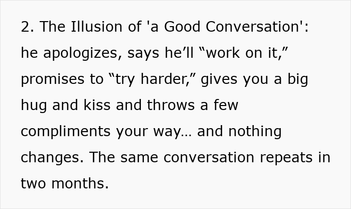 Text excerpt about the illusion of a good conversation in relationships, highlighting repeated patterns men follow.