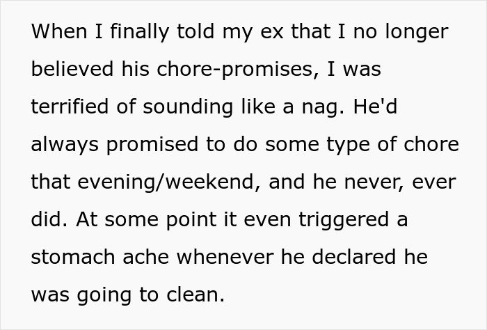 Text excerpt describing a tired single woman noticing a pattern men follow in relationships involving unmet chore promises.