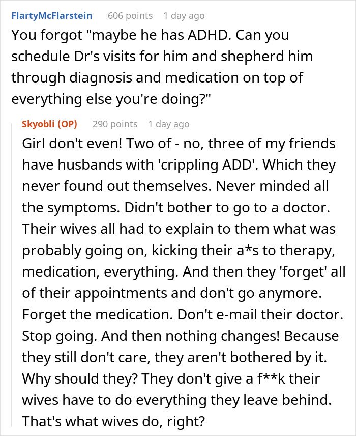 Reddit conversation about single woman noticing the pattern men in relationships follow regarding ADHD and responsibility.