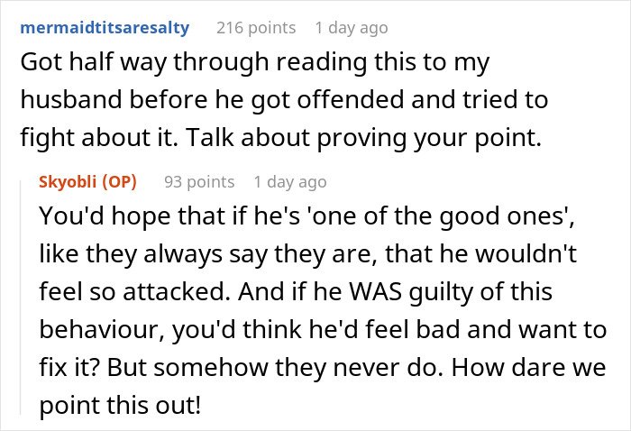 Screenshot of Reddit comments discussing patterns men in relationships follow and reactions to being confronted about it.