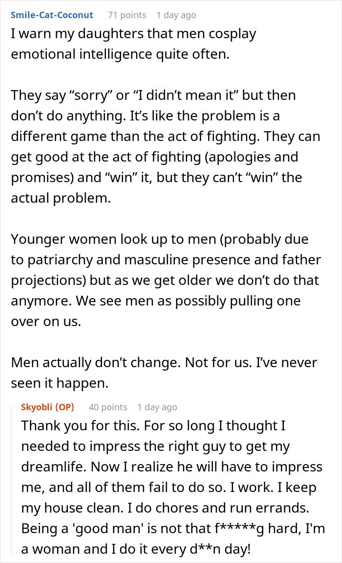 Alt text: Single woman discusses tired pattern men in relationships follow including emotional cosplaying and unchanged behavior.