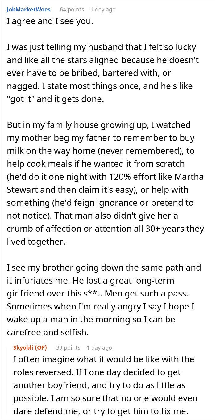 Reddit comments discussing patterns men in relationships follow and frustrations from a single woman's perspective.