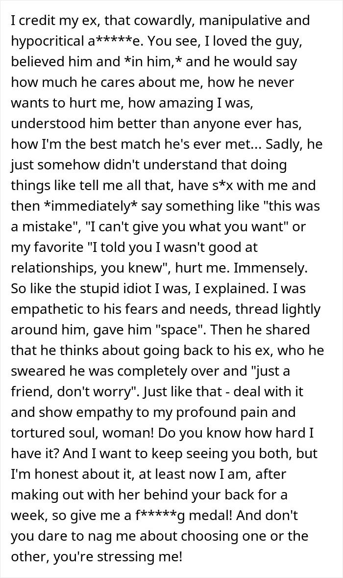 Single woman expressing frustration over the pattern men in relationships often follow and emotional hurt.