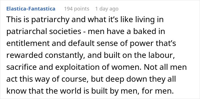 Comment text discussing patriarchy and patterns men in relationships follow, highlighting entitlement and power dynamics.