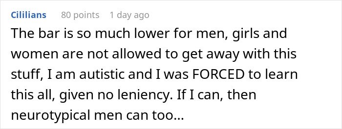 Alt text:
Screenshot of a comment discussing perceived lower standards for men in relationships and the pattern they follow.