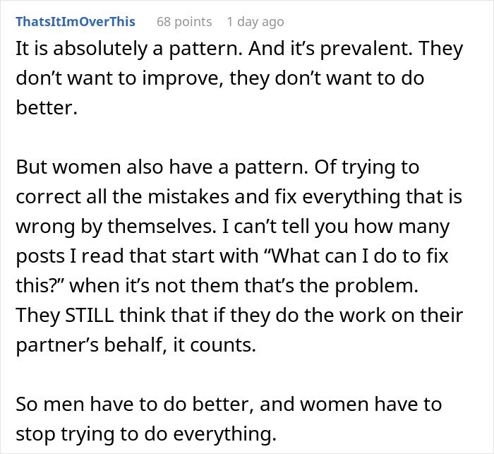 Comment discussing the pattern men in relationships follow and how both men and women need to change behavior.