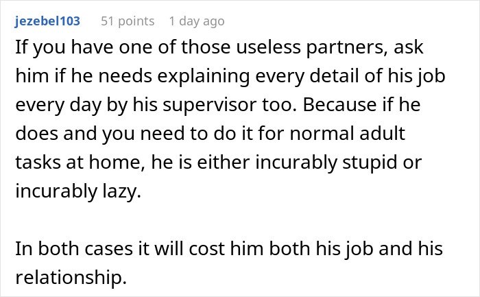 Screenshot of a Reddit comment discussing patterns men in relationships follow, highlighting frustration with useless partners.
