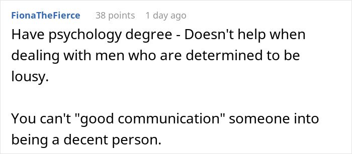 Comment text from user FionaTheFierce discussing frustration with men in relationships despite having a psychology degree.