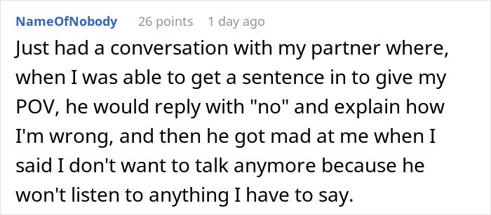 Screenshot of a Reddit comment describing frustration with patterns men in relationships follow during conversations.
