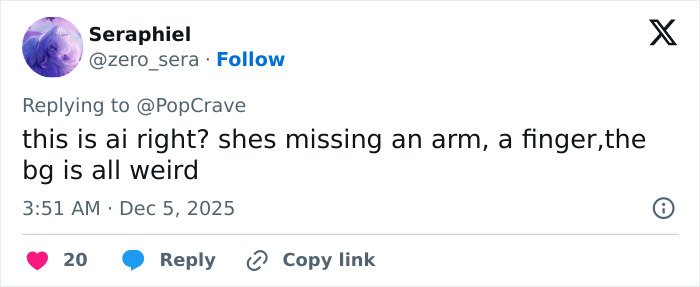 Screenshot of a social media reply pointing out a bizarre detail in a photo shared by Rebel Wilson with Ariana Grande.