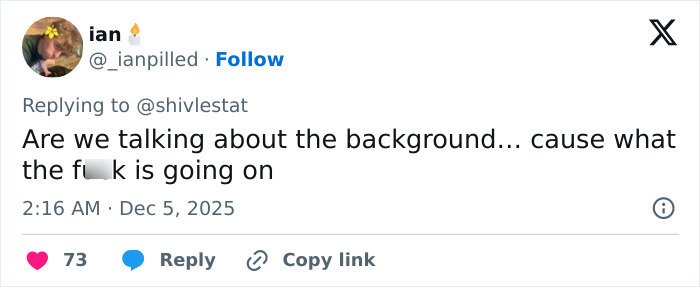 Twitter screenshot showing a user reacting to a bizarre detail noticed after Rebel Wilson shares photo with Ariana Grande.