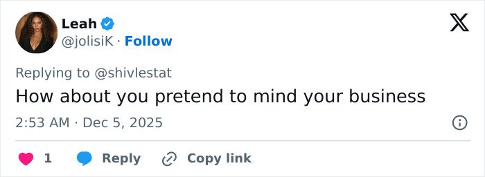 Tweet from Leah replying, sharing a direct comment about minding your own business on social media post.