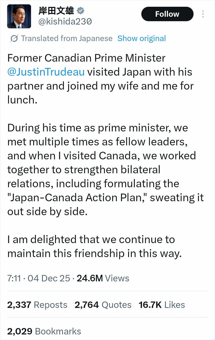 Tweet from Japan's Ex-PM about Justin Trudeau visiting Japan and strengthening bilateral relations with Katy Perry.