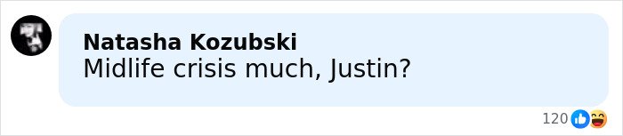 Comment reading Midlife crisis much Justin with reaction emojis on a social media post about Justin Trudeau and Katy Perry.