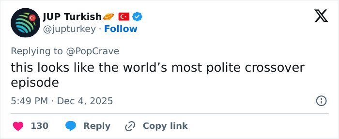 Tweet on polite crossover episode, referencing Justin Trudeau taking Katy Perry to meet Japan’s ex-PM in a formal setting.