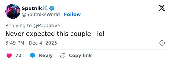 Tweet from Sputnik replying to PopCrave expressing surprise about an unexpected couple, posted December 4, 2025.