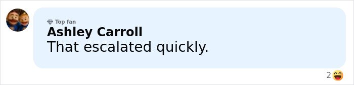 Ashley Carroll commenting with a laughing emoji on a social media post about watching her try to be classy.
