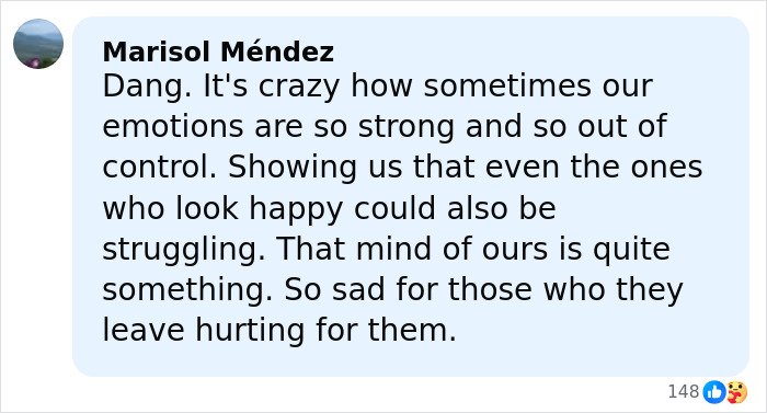 Screenshot of a Facebook comment about strong emotions and hidden struggles related to a cheerleader’s case and phone clue.