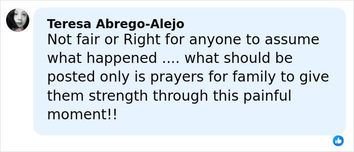Comment by Teresa Abrego-Alejo expressing that only prayers for the family should be posted during painful moments.
