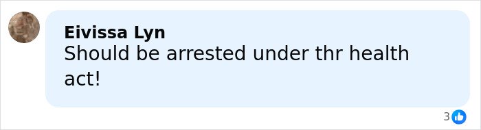 Comment mentioning arrest under health act, related to Bonnie Blue controversial tour news and incident discussion.